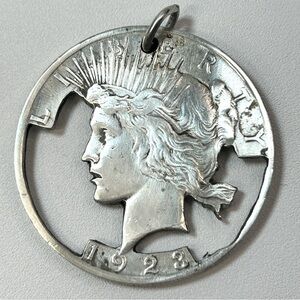 Antique coin pendant Peace Dollar 1923 Hand Cut-Out 90% Silver